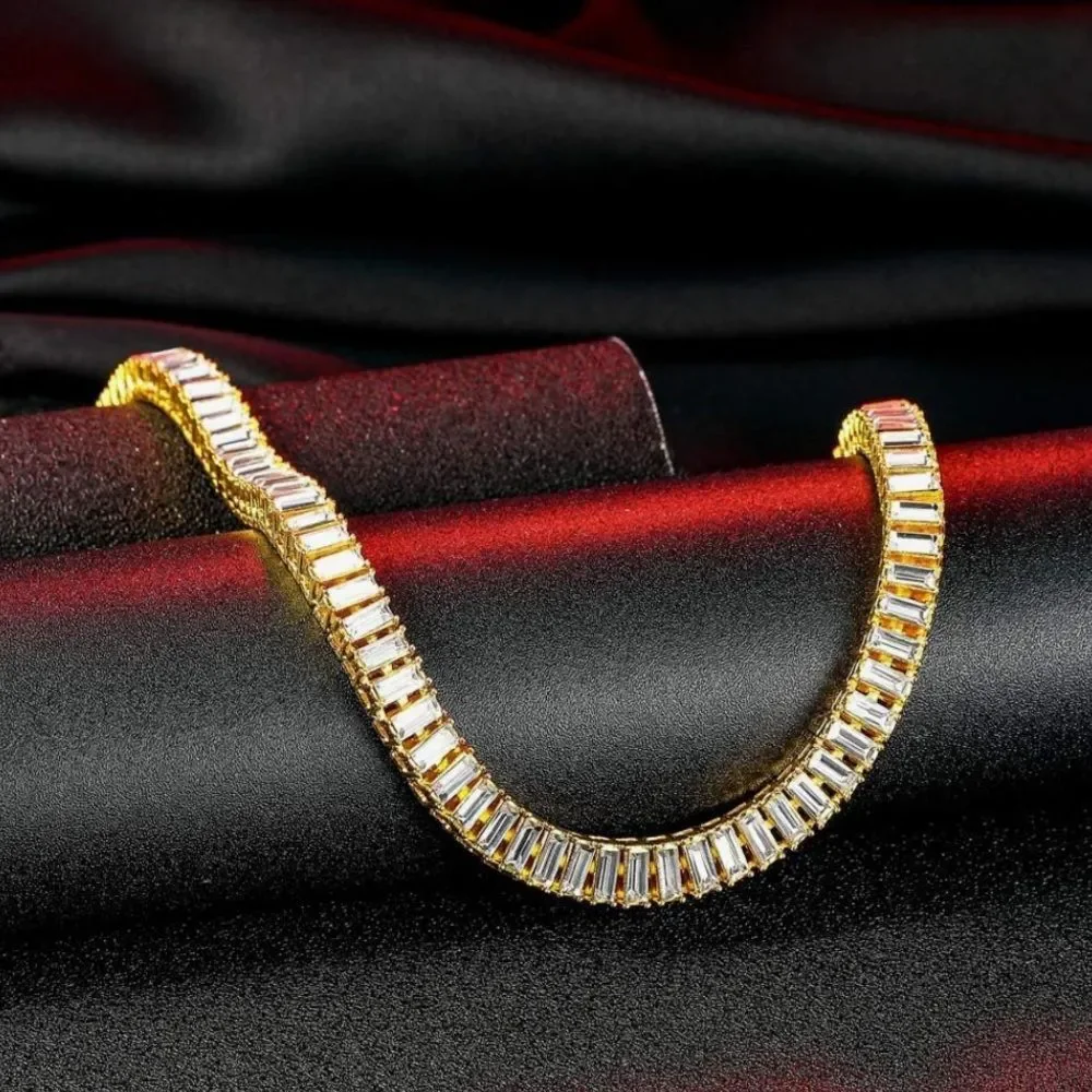 14K Gold Baguette Tennis Chain Necklace Iced Out HipHop Simulated Lab Diamond